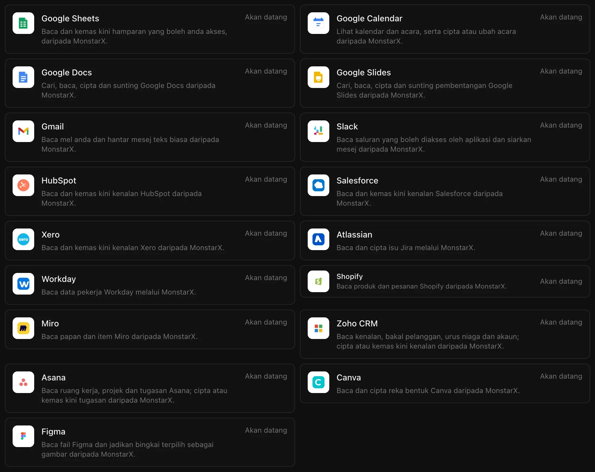 Alat perniagaan dalam senarai Penyambung: Google Sheets, Google Calendar, Google Docs, Google Slides, Gmail, Slack, HubSpot, Salesforce, Xero, Atlassian, Workday, Shopify, Miro, Zoho CRM, Asana, Canva dan Figma, masing-masing ditanda Akan datang dalam gambar ini