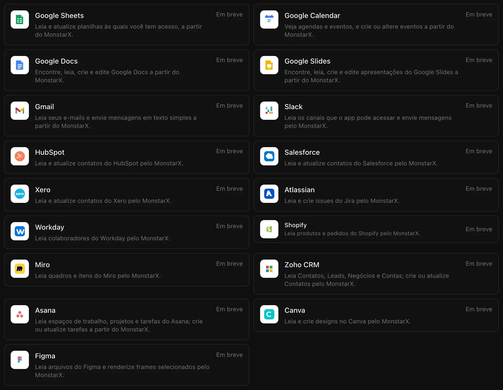 Ferramentas de negócio na lista Conectores: Google Sheets, Google Calendar, Google Docs, Google Slides, Gmail, Slack, HubSpot, Salesforce, Xero, Atlassian, Workday, Shopify, Miro, Zoho CRM, Asana, Canva e Figma, todas marcadas como Em breve nesta imagem