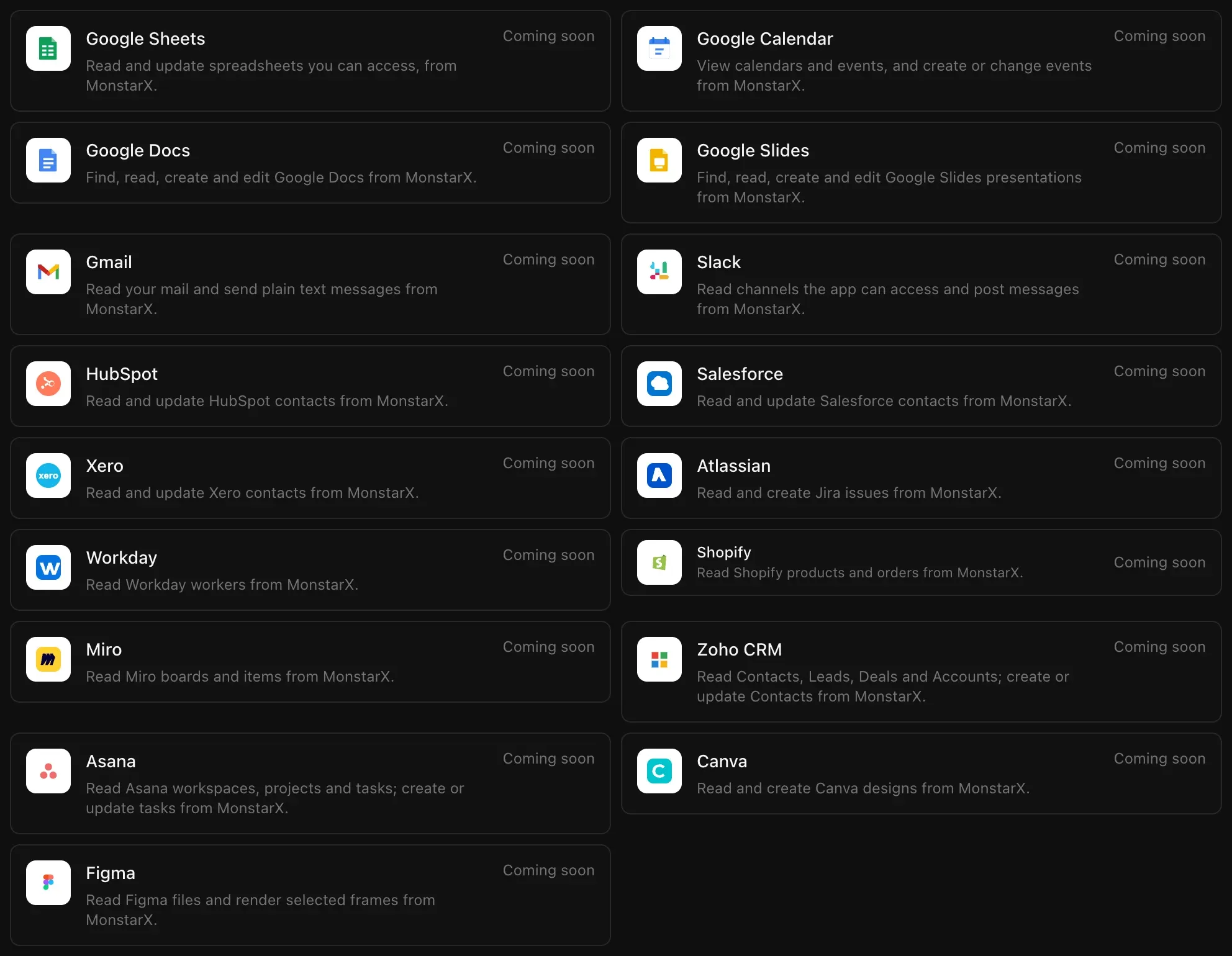 Business tools in the Connectors list: Google Sheets, Google Calendar, Google Docs, Google Slides, Gmail, Slack, HubSpot, Salesforce, Xero, Atlassian, Workday, Shopify, Miro, Zoho CRM, Asana, Canva and Figma, each marked Coming soon in this picture