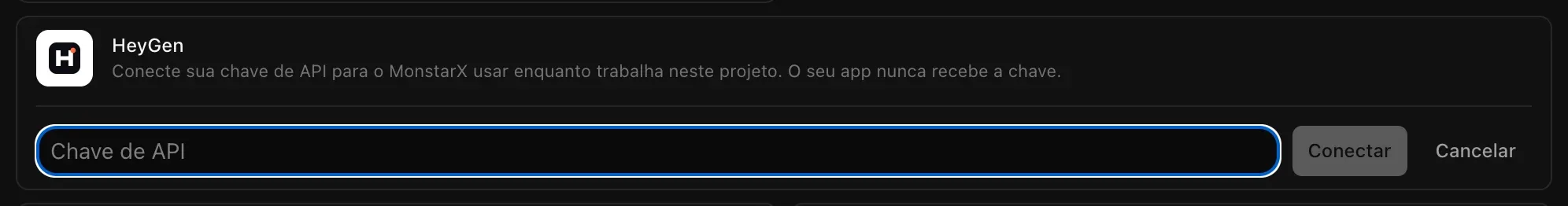 HeyGen aberto para conexão, com um campo de chave de API e os botões Conectar e Cancelar