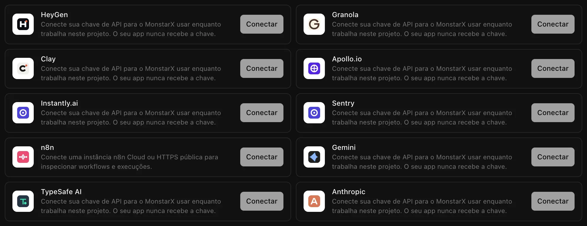 Ferramentas de negócio conectadas por chave: HeyGen, Granola, Clay, Apollo.io, Instantly.ai, Sentry, n8n, Gemini, TypeSafe AI e Anthropic, cada uma com um botão Conectar