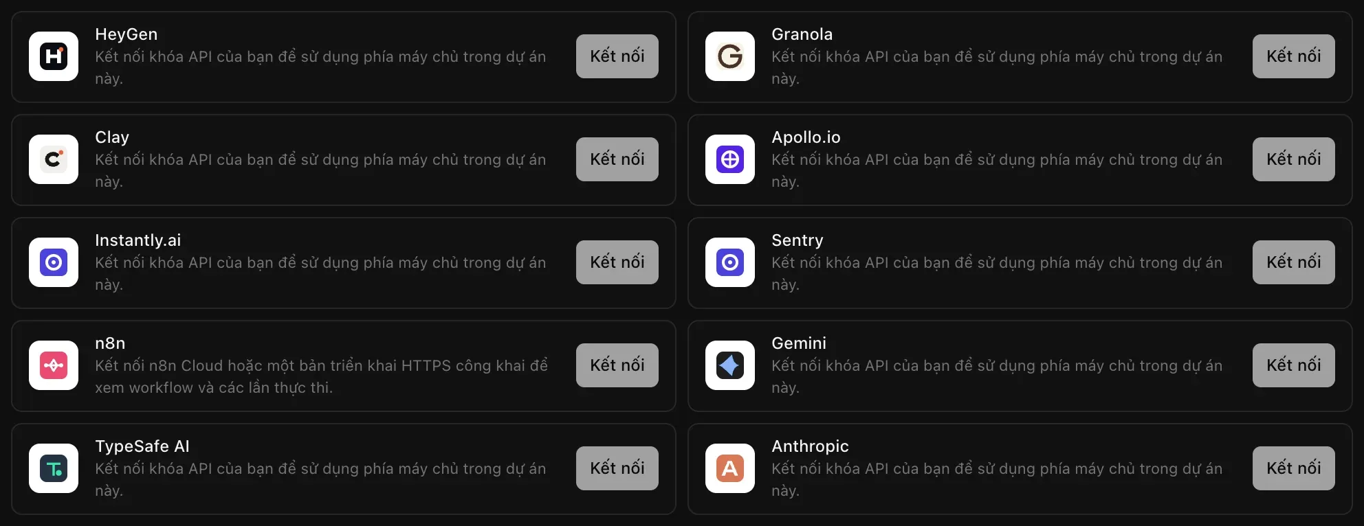 Các công cụ làm việc kết nối bằng khóa: HeyGen, Granola, Clay, Apollo.io, Instantly.ai, Sentry, n8n, Gemini, TypeSafe AI và Anthropic, mỗi công cụ có nút Kết nối