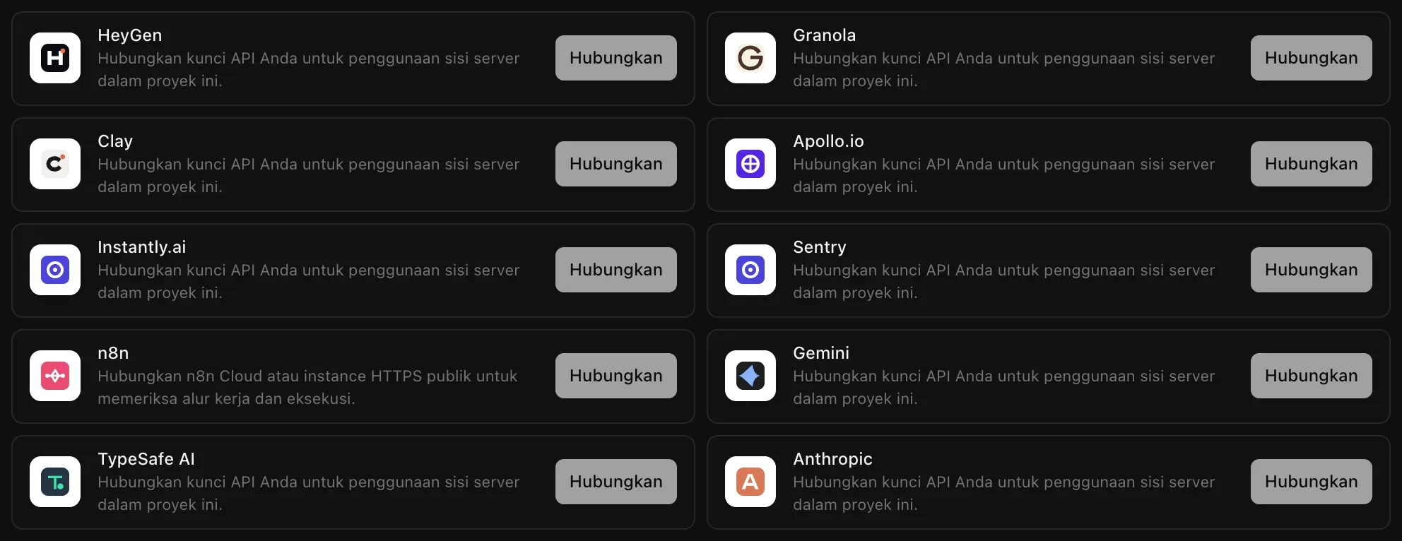 Alat bisnis berbasis kunci: HeyGen, Granola, Clay, Apollo.io, Instantly.ai, Sentry, n8n, Gemini, TypeSafe AI, dan Anthropic, masing-masing dengan tombol Hubungkan