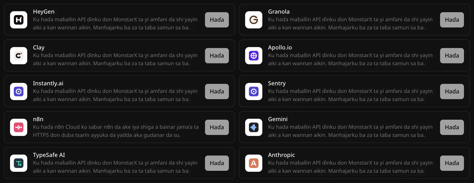 Kayan aikin kasuwanci masu amfani da maɓalli: HeyGen, Granola, Clay, Apollo.io, Instantly.ai, Sentry, n8n, Gemini, TypeSafe AI da Anthropic, kowanne da maɓallin Haɗa