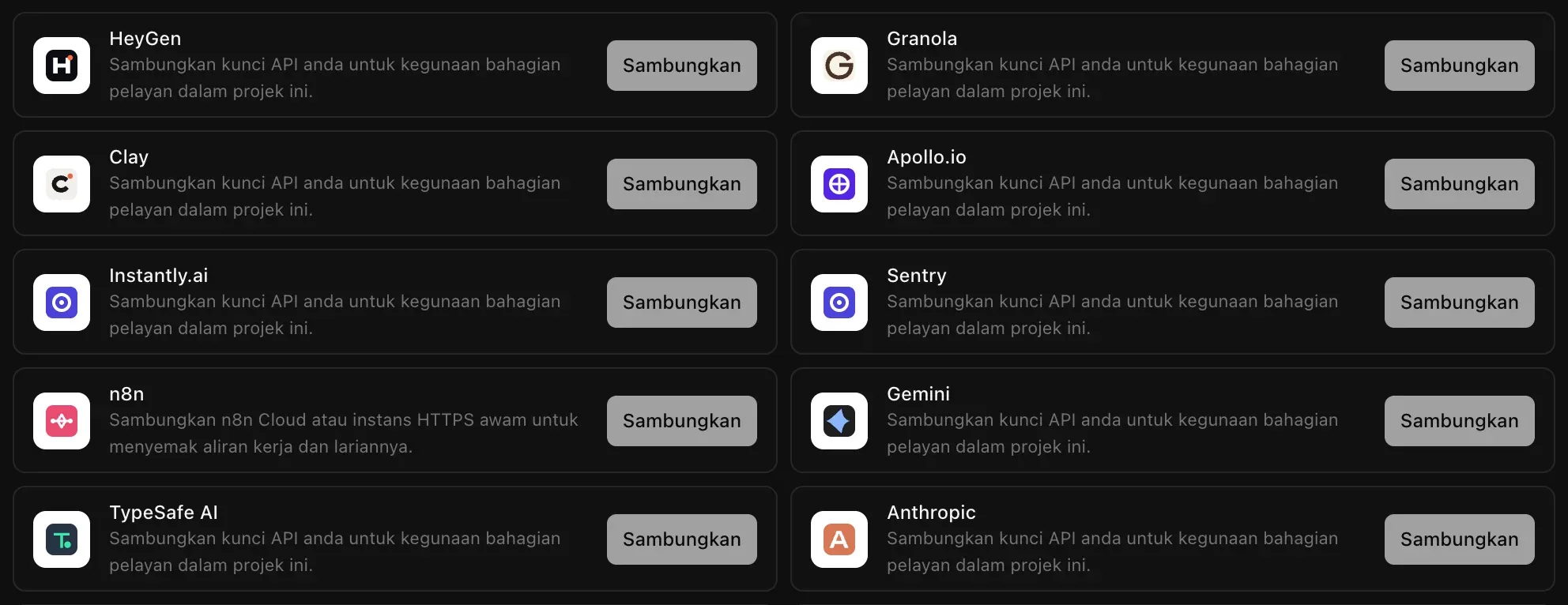 Alat perniagaan berasaskan kunci: HeyGen, Granola, Clay, Apollo.io, Instantly.ai, Sentry, n8n, Gemini, TypeSafe AI dan Anthropic, masing-masing dengan butang Sambungkan