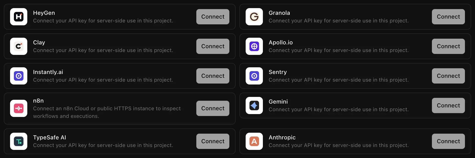Key-based business tools: HeyGen, Granola, Clay, Apollo.io, Instantly.ai, Sentry, n8n, Gemini, TypeSafe AI and Anthropic, each with a Connect button