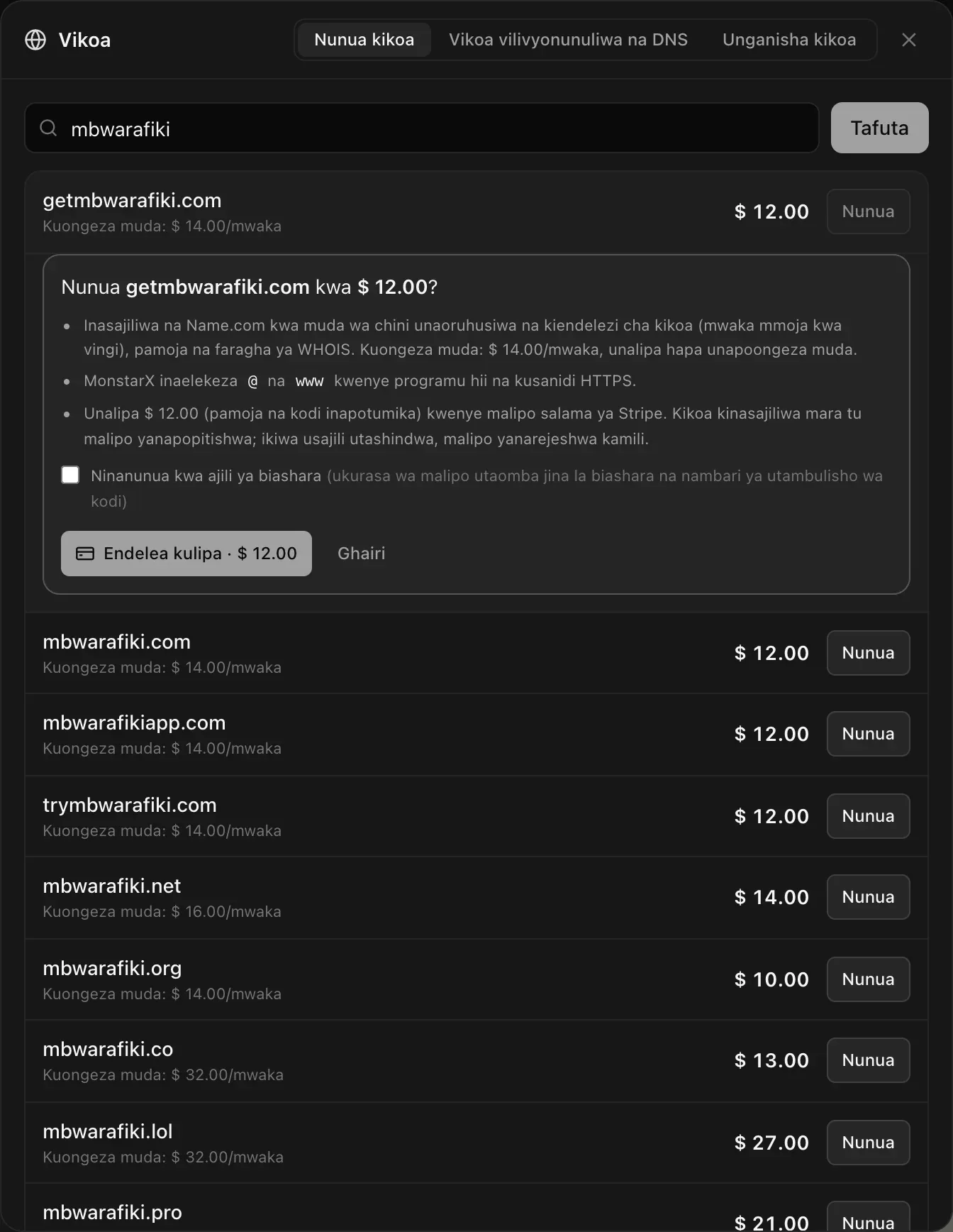 Nunua getmbwarafiki.com kwa $ 12.00? Inasajiliwa na Name.com kwa muda wa chini unaoruhusiwa na kiendelezi cha kikoa (mwaka mmoja kwa vingi), pamoja na faragha ya WHOIS, kuongeza muda $ 14.00/mwaka. MonstarX inaelekeza @ na www kwenye programu hii na kusanidi HTTPS. Unalipa kwenye malipo salama ya Stripe. Kisanduku cha Ninanunua kwa ajili ya biashara, vitufe vya Endelea kulipa · $ 12.00 na Ghairi, na matokeo mengine ya utafutaji chini yake