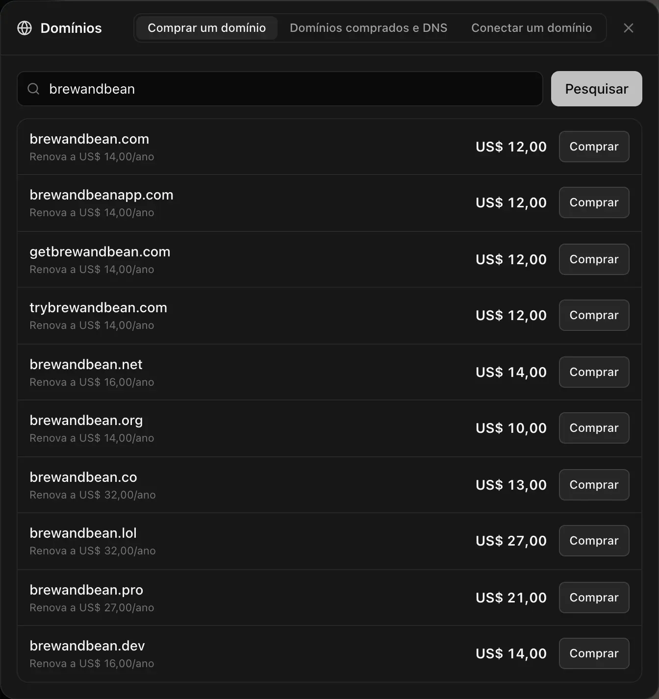 A janela Domínios, aba Comprar um domínio, com brewandbean pesquisado: brewandbean.com, brewandbeanapp.com, getbrewandbean.com, trybrewandbean.com, brewandbean.net, .org, .co, .lol, .pro e .dev, cada um com o preço, o preço de renovação por ano e um botão Comprar