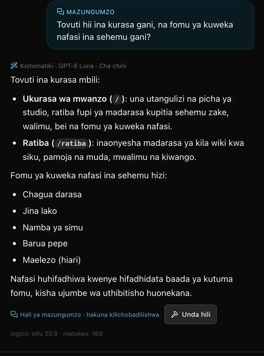 Swali la hali ya mazungumzo kuhusu kurasa za tovuti, jibu likiorodhesha kurasa mbili, Ukurasa wa mwanzo na Ratiba, na sehemu tano za fomu ya kuweka nafasi, pamoja na Hali ya mazungumzo · hakuna kilichobadilishwa na kitufe cha Unda hili