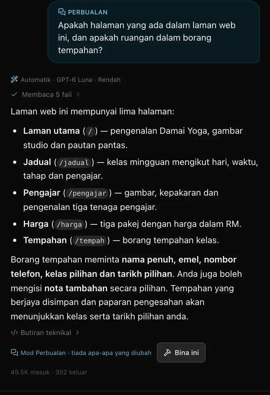 Soalan mod Perbualan tentang halaman laman web, jawapan yang menyenaraikan lima halaman Damai Yoga dan ruangan borang tempahan, dengan Mod Perbualan · tiada apa-apa yang diubah dan butang Bina ini