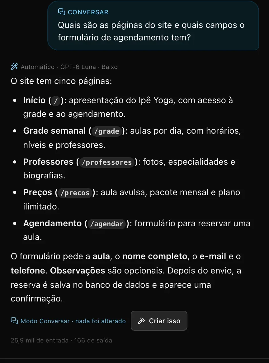 Uma pergunta no modo Conversar sobre as páginas do site, a resposta listando as cinco páginas e os campos do formulário de agendamento, com Modo Conversar · nada foi alterado e um botão Criar isso