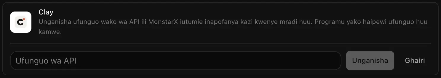 Safu ya Clay ikiwa wazi kwa ajili ya kuunganisha, ikiwa na sehemu tupu ya Ufunguo wa API na vitufe vya Unganisha na Ghairi