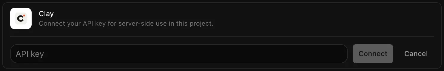 The Clay row opened for connecting, with an empty API key field and Connect and Cancel buttons
