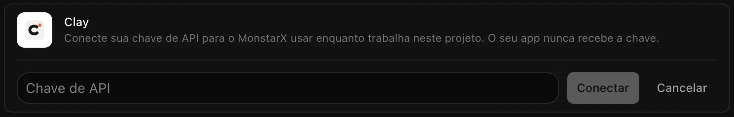 A linha do Clay aberta para conectar, com o campo Chave de API vazio e os botões Conectar e Cancelar
