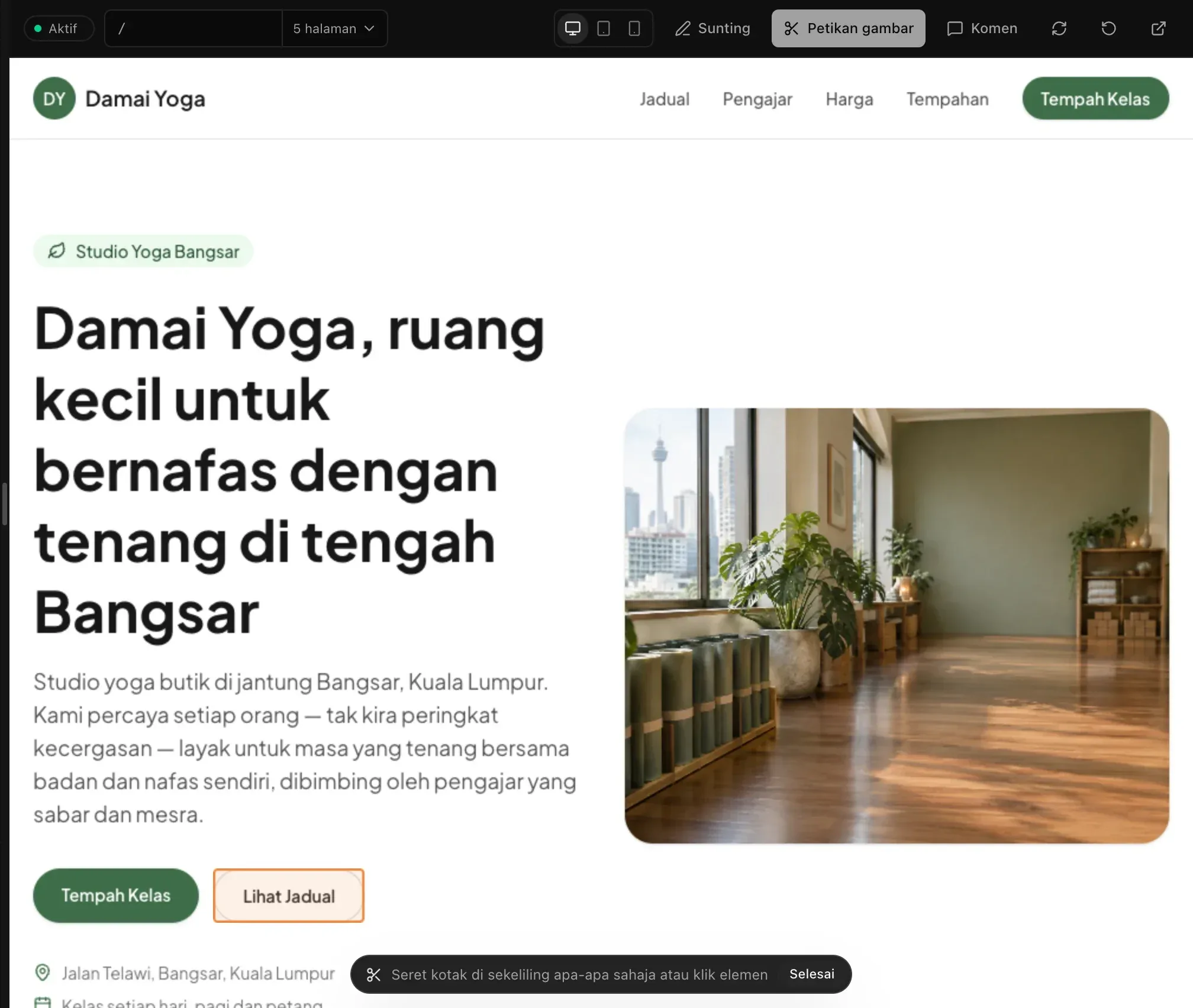 Mod petikan gambar di atas halaman utama Damai Yoga, dengan butang Lihat Jadual bergaris luar di bawah penunjuk dan bar Petikan gambar di bahagian bawah