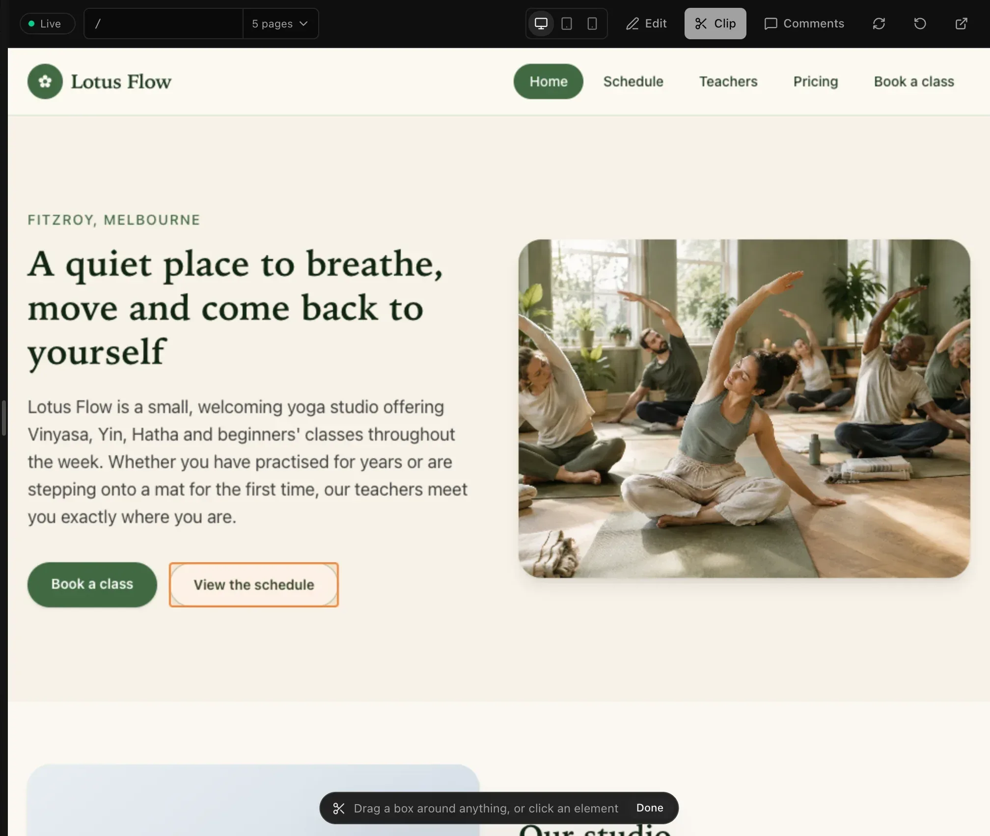 Clip mode over a yoga studio home page, with the View the schedule button outlined under the pointer and the Clip bar at the bottom