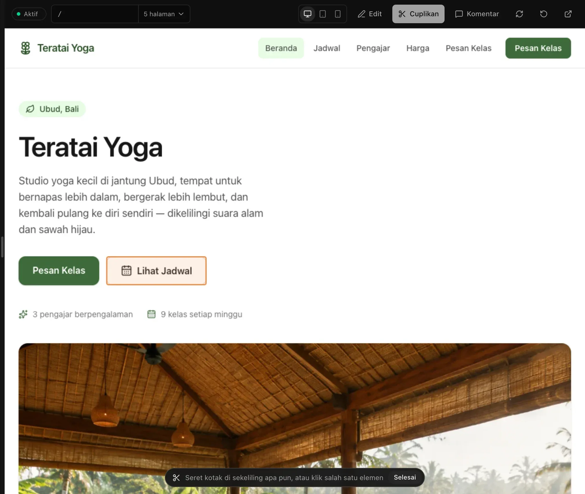 Mode cuplikan di beranda Teratai Yoga, dengan tombol Lihat Jadwal diberi garis tepi di bawah kursor dan bilah cuplikan di bagian bawah