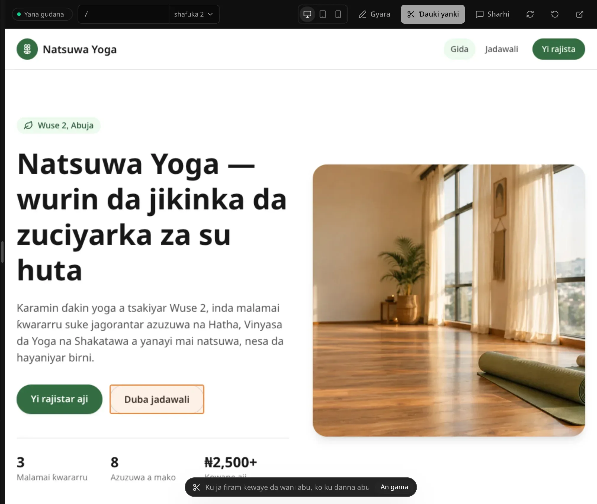 Yanayin Ɗauki yanki a kan shafin farko na Natsuwa Yoga, an zana layi kewaye da maɓallin Duba jadawali a ƙarƙashin alamar linzamin kwamfuta, da sandar Ku ja firam kewaye da wani abu, ko ku danna abu tare da An gama a ƙasa