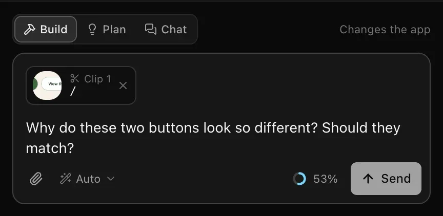 The prompt box with a Clip 1 picture of two buttons, labelled with the page /, and the question Why do these two buttons look so different? Should they match?