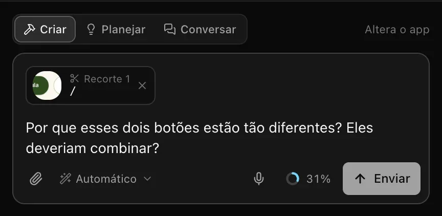 A caixa de texto com uma imagem Recorte 1 de dois botões, identificada com a página /, e a pergunta Por que esses dois botões estão tão diferentes? Eles deveriam combinar?