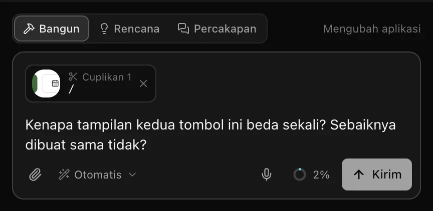 Kotak prompt dengan gambar Cuplikan 1 berisi dua tombol, berlabel halaman /, dan pertanyaan kenapa tampilan kedua tombol itu beda sekali dan apakah sebaiknya dibuat sama