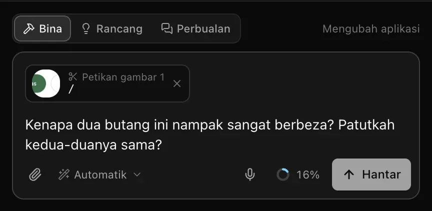 Kotak prom dengan Petikan gambar 1 yang menunjukkan dua butang, dilabelkan dengan halaman /, dan soalan Kenapa dua butang ini nampak sangat berbeza? Patutkah kedua-duanya sama?