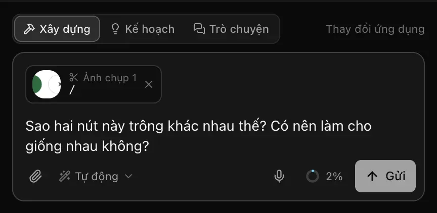 Ô nhập câu lệnh với Ảnh chụp 1 chụp hai nút, gắn nhãn trang /, và câu hỏi Sao hai nút này trông khác nhau thế? Có nên làm cho giống nhau không?