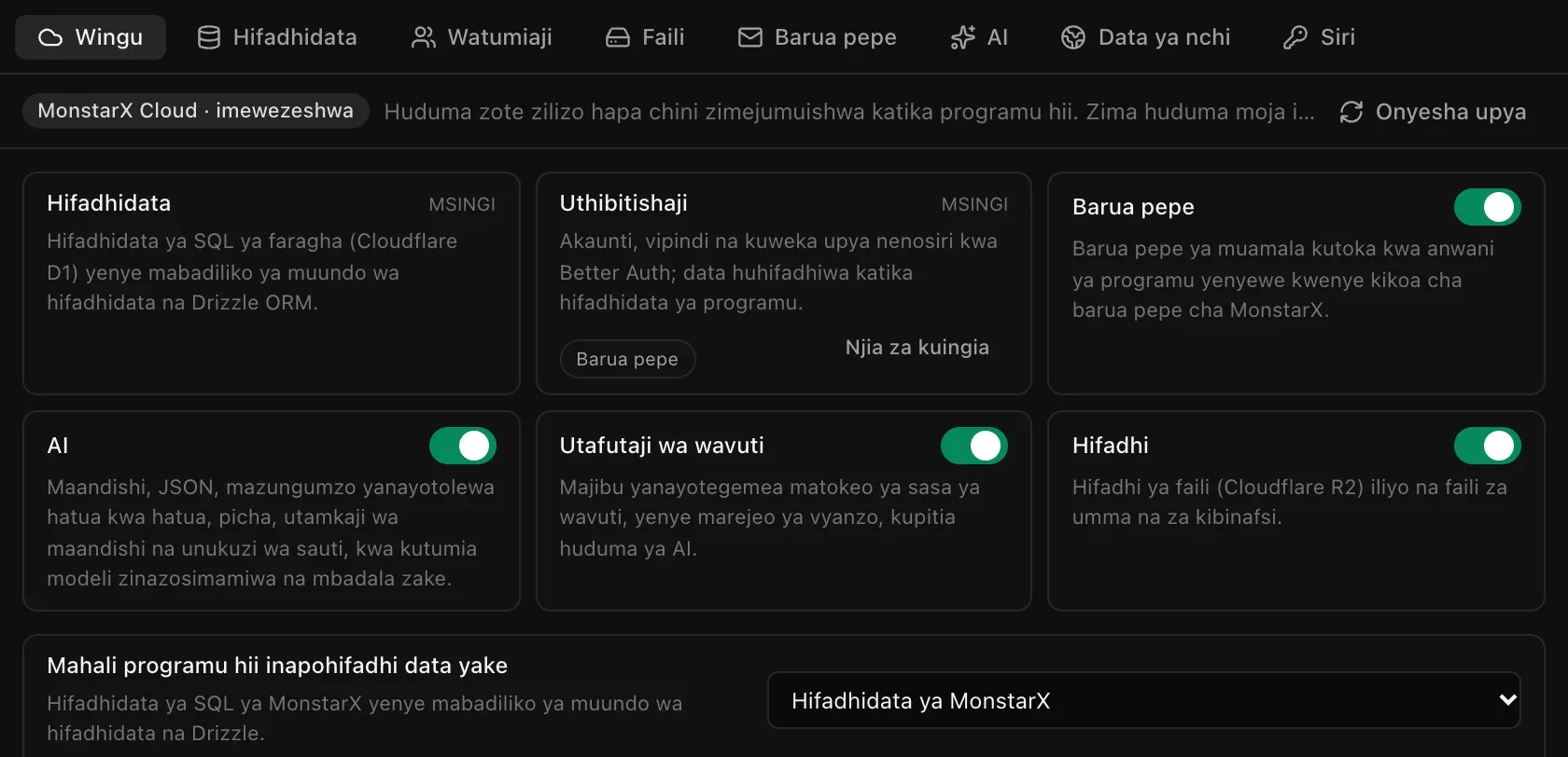 Sehemu ya Wingu kwenye kichupo cha Huduma za wingu: Hifadhidata na Uthibitishaji zikiwa na alama ya msingi, na swichi za kuwasha na kuzima kwa Barua pepe, AI, Utafutaji wa wavuti na Hifadhi