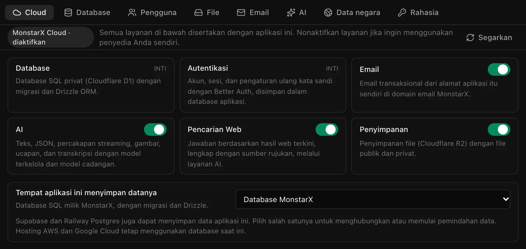 Bagian Cloud di tab Backend: Database dan Autentikasi bertanda inti, serta tombol aktif/nonaktif untuk Email, AI, Pencarian Web, dan Penyimpanan