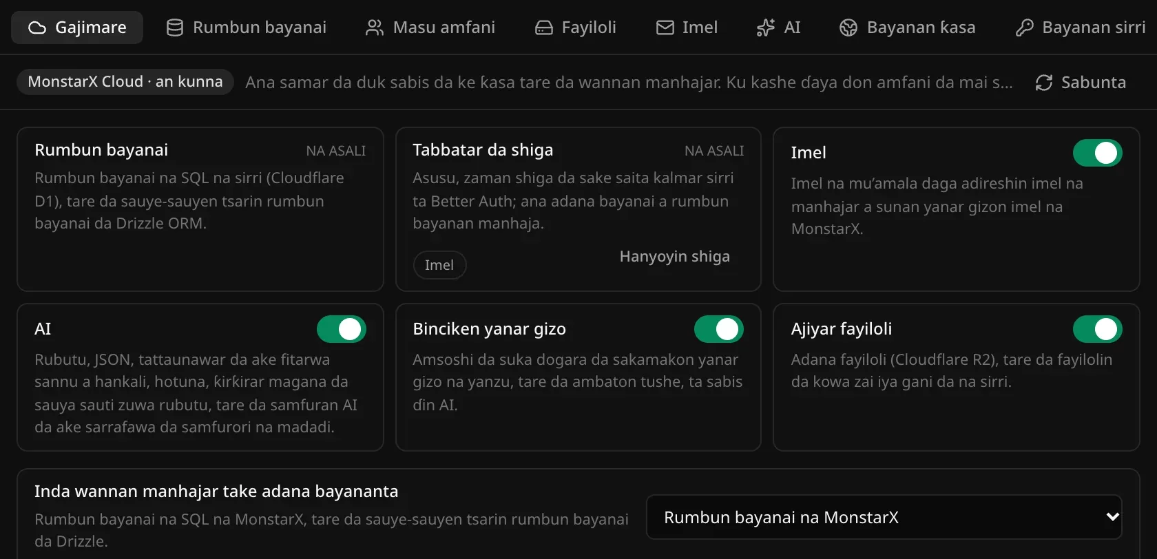 Sashen Gajimare na Sabis na gajimare: Rumbun bayanai da Tabbatar da shiga da alamar na asali, da maɓallan kunnawa da kashewa na Imel, AI, Binciken yanar gizo da Ajiyar fayiloli