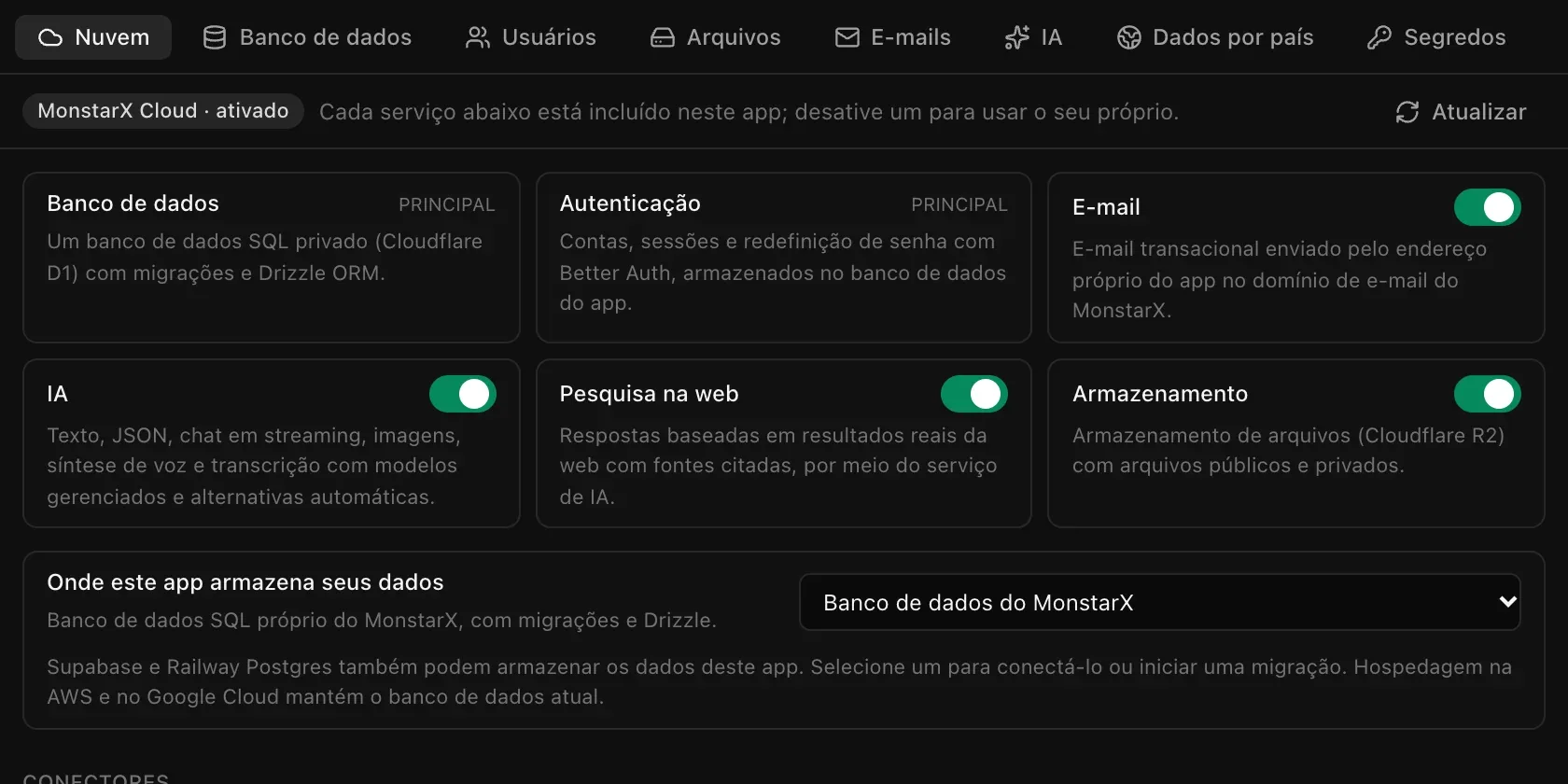 A seção Nuvem da aba Backend: Banco de dados e Autenticação marcados como principal, e chaves de ativar e desativar para E-mail, IA, Pesquisa na web e Armazenamento