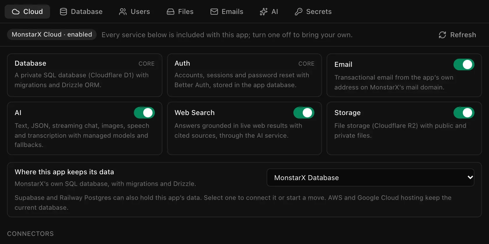 The Cloud section of the Backend tab: Database and Auth marked core, and on/off switches for Email, AI, Web Search and Storage