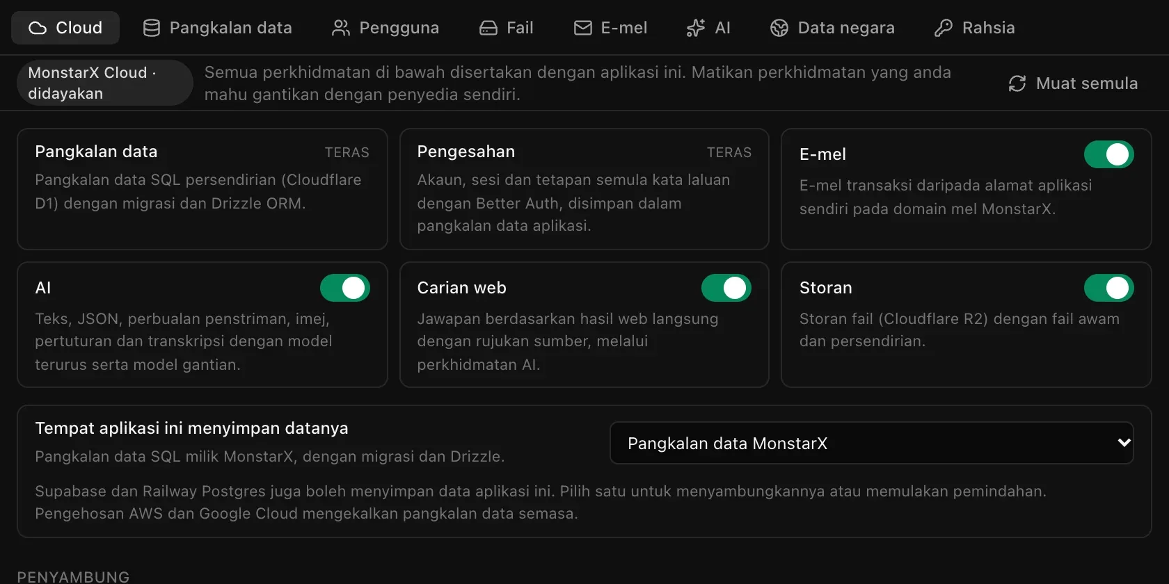 Bahagian Cloud dalam tab Backend: Pangkalan data dan Pengesahan ditanda teras, dengan suis hidup/mati untuk E-mel, AI, Carian web dan Storan