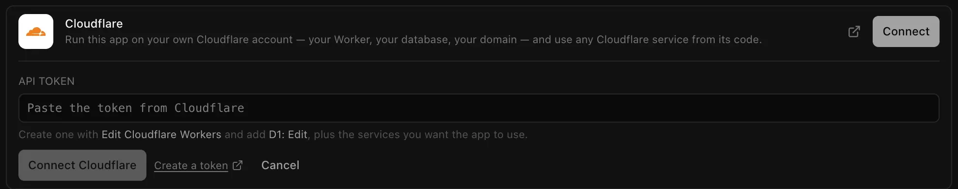 The Cloudflare connector opened: an API token field with the hint to use Edit Cloudflare Workers plus D1: Edit, and Connect Cloudflare, Create a token and Cancel