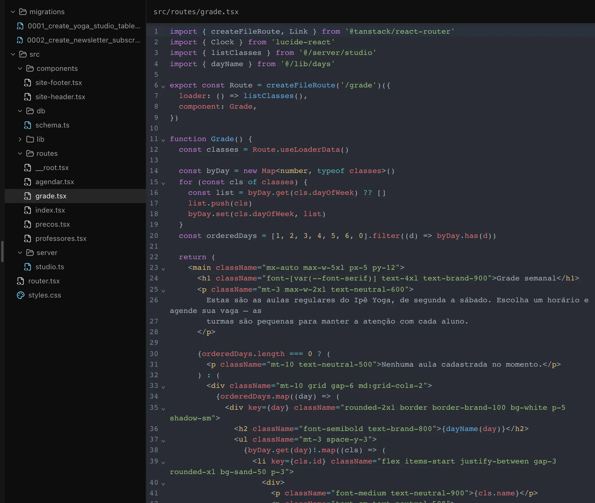 A aba Código: a árvore de pastas com migrations e src (components, db, lib, routes, server) à esquerda e src/routes/grade.tsx aberto no editor à direita