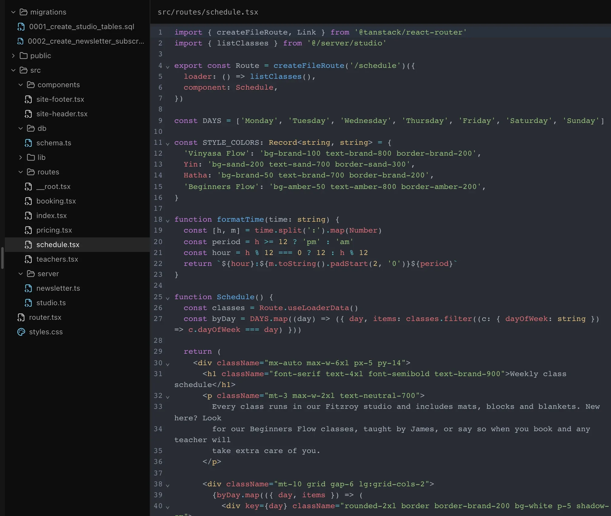 The Code tab: the folder tree with migrations, public and src folders on the left, and src/routes/schedule.tsx open in the editor on the right