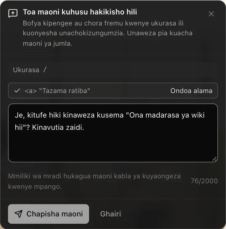 Toa maoni kuhusu hakikisho hili: Bofya kipengele au chora fremu kwenye ukurasa ili kuonyesha unachokizungumzia. Ukurasa /, kipengee kilichowekewa alama (kitufe “Tazama ratiba”) pamoja na Ondoa alama, maandishi ya maoni, Mmiliki wa mradi hukagua maoni kabla ya kuyaongeza kwenye mpango, na vitufe vya Chapisha maoni na Ghairi