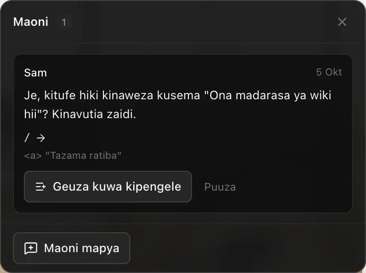 Orodha ya Maoni kama mmiliki: maoni ya Sam yanayoomba kitufe kiseme “Ona madarasa ya wiki hii”, kwenye ukurasa / yakionyesha kitufe “Tazama ratiba”, pamoja na Geuza kuwa kipengele na Puuza, na kitufe cha Maoni mapya