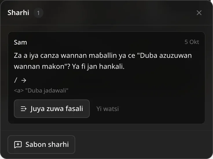 Jerin Sharhi a matsayin mai aikin: sharhin Sam yana neman maɓallin ya ce “Duba azuzuwan wannan makon”, a shafi / yana nuna maɓallin “Duba jadawali”, tare da Juya zuwa fasali da Yi watsi, da maɓallin Sabon sharhi
