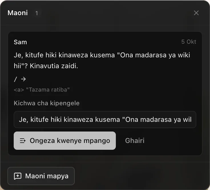 Geuza kuwa kipengele imefunguliwa kwenye maoni: sehemu ya Kichwa cha kipengele imejazwa maoni hayo, na vitufe vya Ongeza kwenye mpango na Ghairi