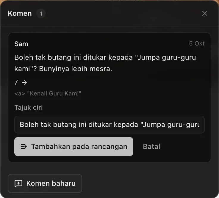 Jadikan ciri dibuka pada satu komen: medan Tajuk ciri yang diisi dengan komen itu, serta butang Tambahkan pada rancangan dan Batal