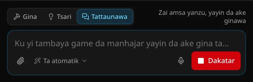 Akwatin buƙata a yanayin Tattaunawa yayin gini: Ku yi tambaya game da manhajar yayin da ake gina ta…, tare da bayanin Zai amsa yanzu, yayin da ake ginawa da maɓallin Dakatar