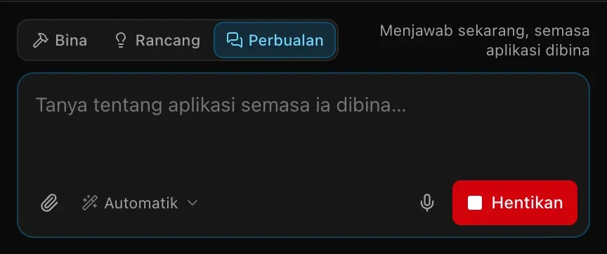 Kotak prom dalam mod Perbualan semasa binaan: Tanya tentang aplikasi semasa ia dibina…, dengan petunjuk Menjawab sekarang, semasa aplikasi dibina