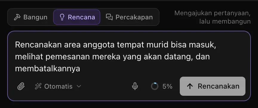 Sakelar mode dengan Rencana dipilih, petunjuk Mengajukan pertanyaan, lalu membangun, permintaan untuk merencanakan area anggota bagi murid, dan tombol Rencanakan menggantikan Kirim
