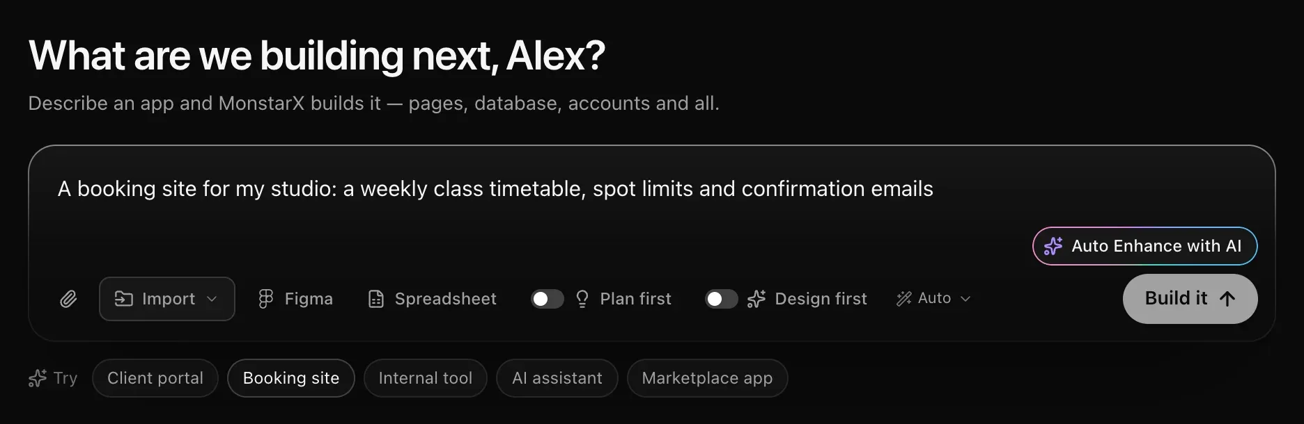 The prompt box with a booking-site description typed in, Auto Enhance with AI offered in the corner and Build it ready