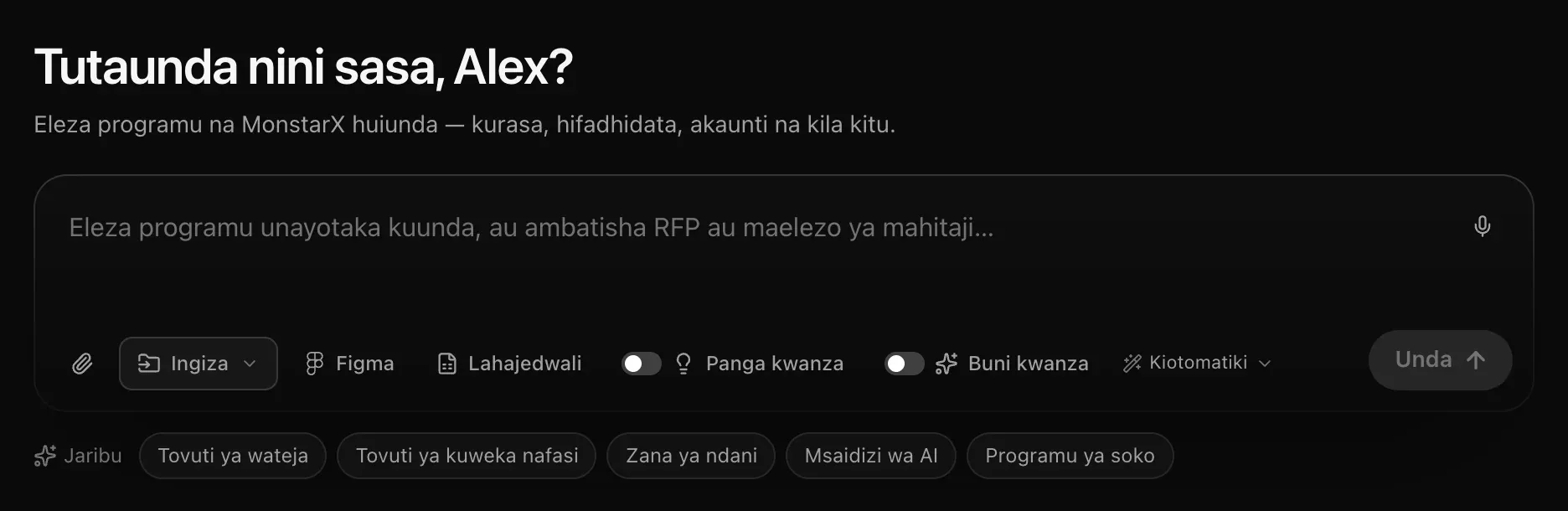 Kisanduku cha ombi kwenye Miradi: Tutaunda nini sasa, Alex? pamoja na maikrofoni, kibanio cha karatasi, Ingiza, Figma, Lahajedwali, Panga kwanza, Buni kwanza, modeli ya Kiotomatiki na Unda, na mapendekezo ya Jaribu chini yake