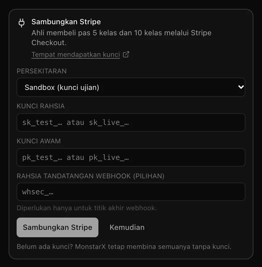 Kad Sambungkan Stripe dalam perbualan, dengan sebabnya, pautan Tempat mendapatkan kunci, pilihan Persekitaran, medan untuk kunci rahsia, kunci awam dan rahsia tandatangan webhook, serta butang Sambungkan Stripe dan Kemudian