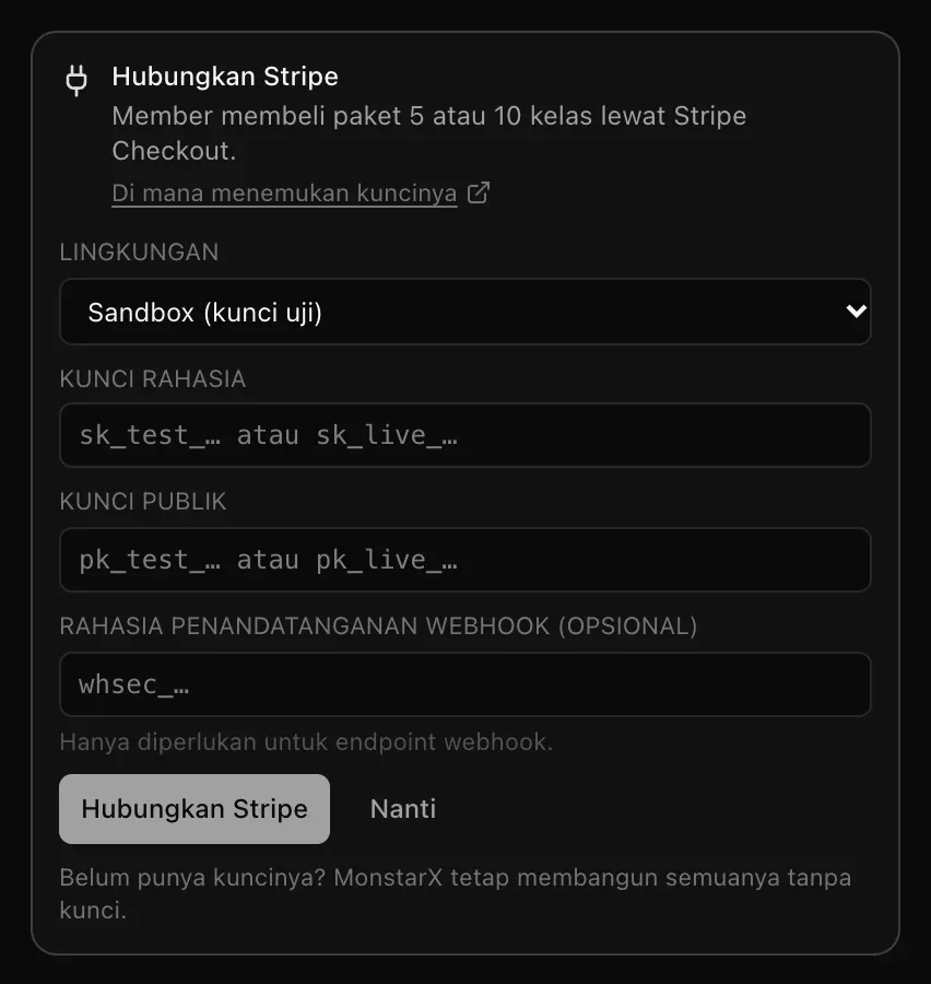 Kartu Hubungkan Stripe di percakapan, berisi alasan, tautan Di mana menemukan kuncinya, pilihan Lingkungan, kolom untuk kunci rahasia, kunci publik, dan rahasia penandatanganan webhook, serta tombol Hubungkan Stripe dan Nanti