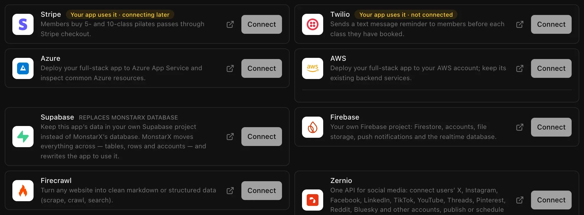 The Connectors list in Backend, Cloud: Stripe and Twilio marked Your app uses it, then Azure, AWS, Supabase, Firebase, Firecrawl and Zernio, each with a Connect button