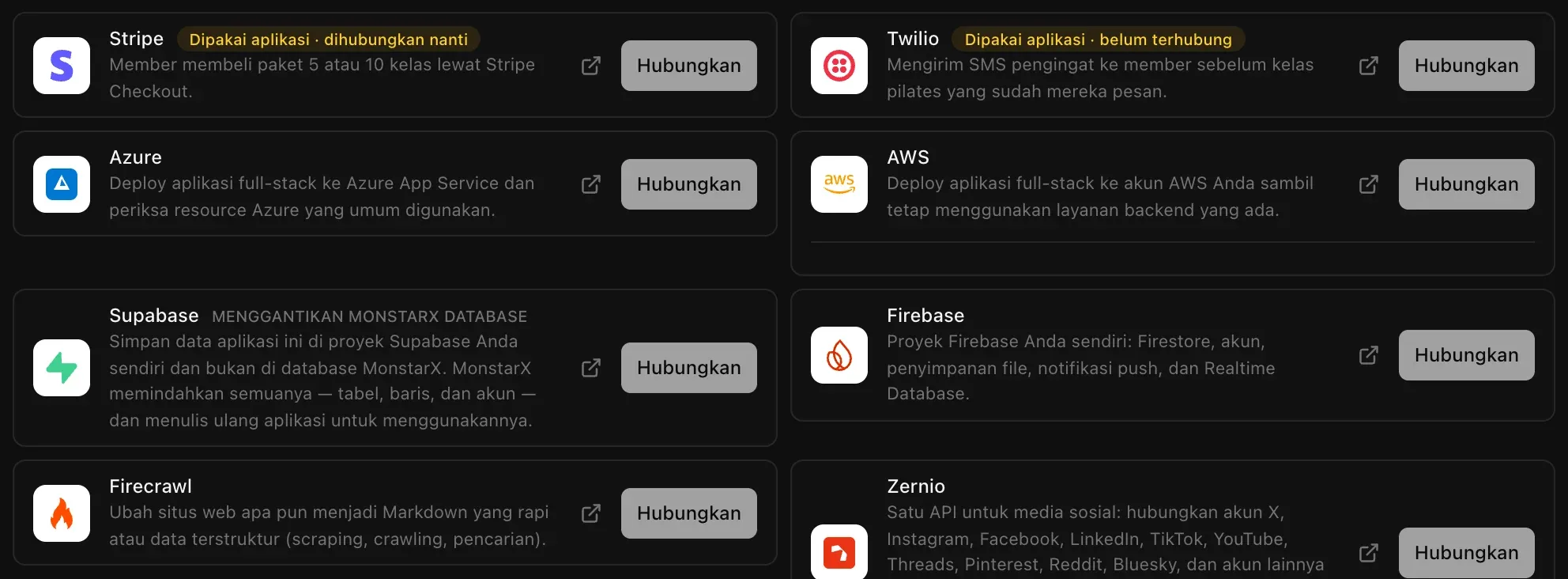 Daftar Konektor di bagian Cloud pada Backend: Stripe bertanda Dipakai aplikasi · dihubungkan nanti dan Twilio bertanda Dipakai aplikasi · belum terhubung, disusul Azure, AWS, Supabase, Firebase, Firecrawl, dan Zernio, masing-masing dengan tombol Hubungkan